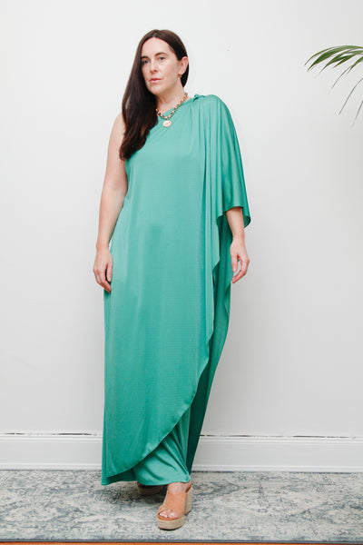 Original 1970s One-Shoulder Grecian Maxi Dress – Flowing Green Elegance