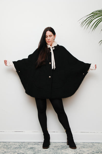 1970's Black Wool Folklore Cape