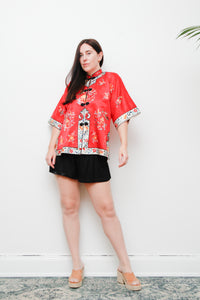 1930's Rare Antique Oriental Silk Kimono Robe Jacket | Hand-Embroidered Red Silk with Floral Scenic Design – Boho Kaftan Sleeves