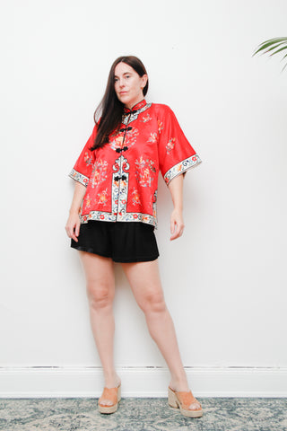 1930's Rare Antique Oriental Silk Kimono Robe Jacket | Hand-Embroidered Red Silk with Floral Scenic Design – Boho Kaftan Sleeves