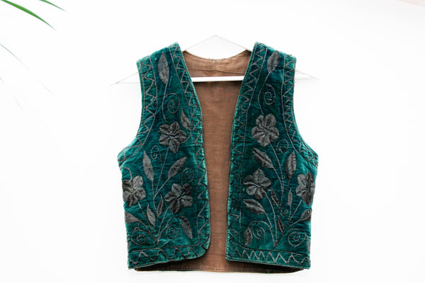 Vintage Green Velvet Embroidered Hippie Waistcoat