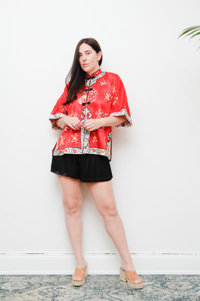 1930's Rare Antique Oriental Silk Kimono Robe Jacket | Hand-Embroidered Red Silk with Floral Scenic Design – Boho Kaftan Sleeves