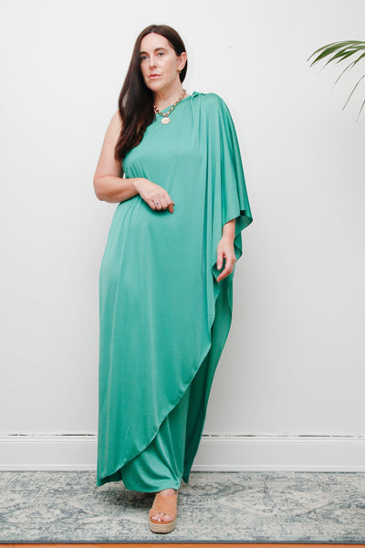 Original 1970s One-Shoulder Grecian Maxi Dress – Flowing Green Elegance