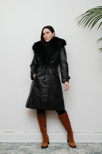 1970's Afghan Penny Lane Fur Collar Black Leather Coat