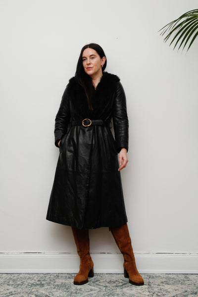 1970's Black Leather Trench Coat with Fur Collar