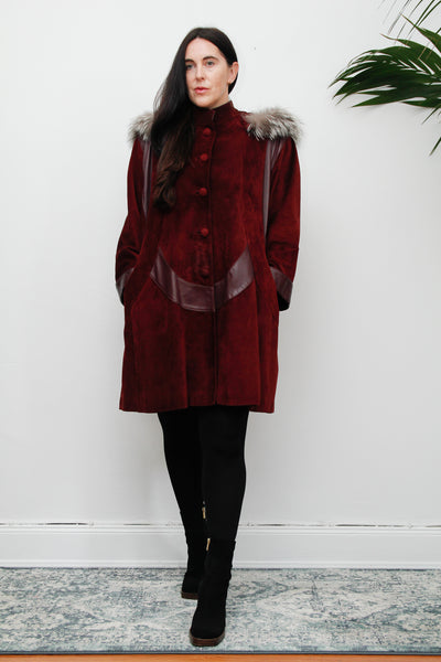 Vintage 80's Fox Fur  Hooded Suede Parka Coat