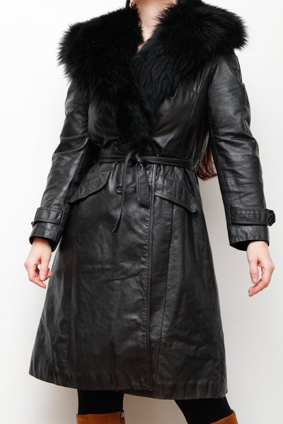 1970's Afghan Penny Lane Fur Collar Black Leather Coat