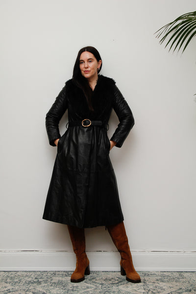 1970's Black Leather Trench Coat with Fur Collar