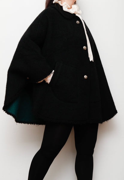 1970's Black Wool Folklore Cape