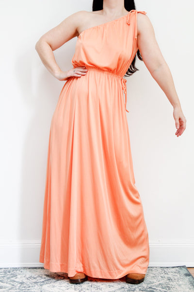 1970's Grecian One Shoulder Peach Maxi Dress