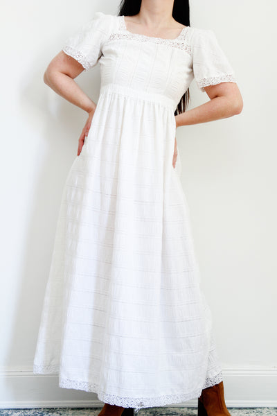 1970's White Cotton Lace Mexican Kaftan Maxi  Dress