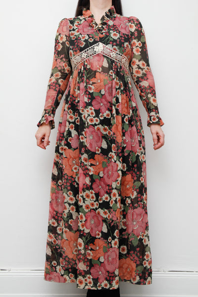 Vintage Floral Cotton Sheer Frilled Maxi Dress