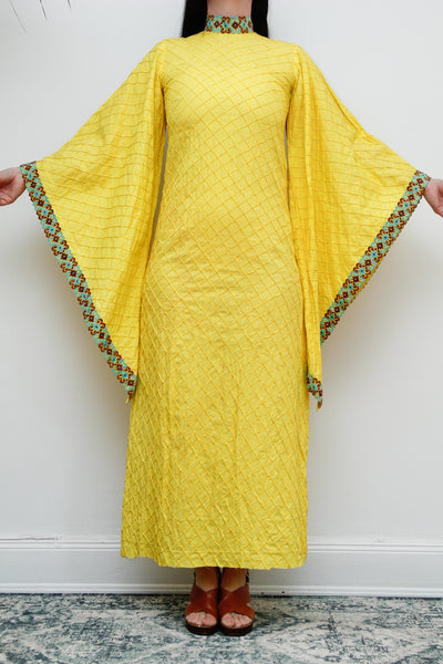 1970's Yellow Cotton Lace Mexican Kaftan Wizard Sleeve Dress