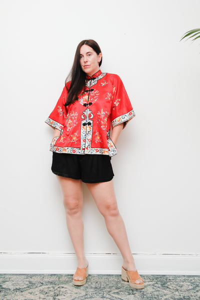 1930's Rare Antique Oriental Silk Kimono Robe Jacket | Hand-Embroidered Red Silk with Floral Scenic Design – Boho Kaftan Sleeves