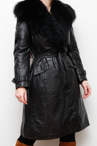 1970's Afghan Penny Lane Fur Collar Black Leather Coat