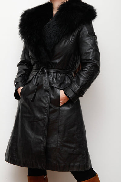 1970's Afghan Penny Lane Fur Collar Black Leather Coat