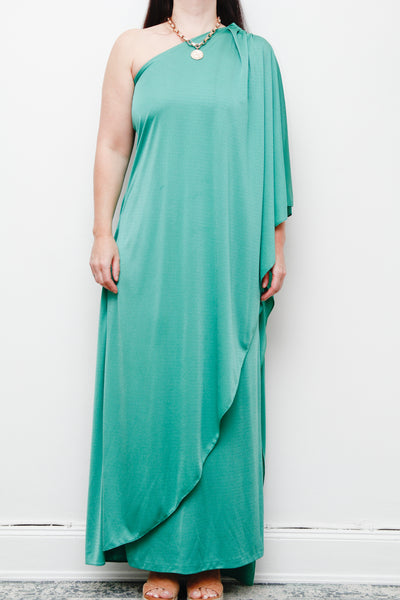 Original 1970s One-Shoulder Grecian Maxi Dress – Flowing Green Elegance