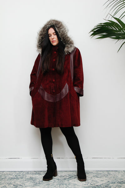 Vintage 80's Fox Fur  Hooded Suede Parka Coat