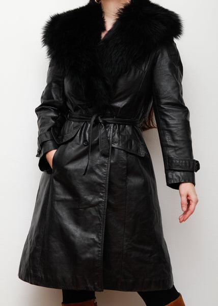 1970's Afghan Penny Lane Fur Collar Black Leather Coat