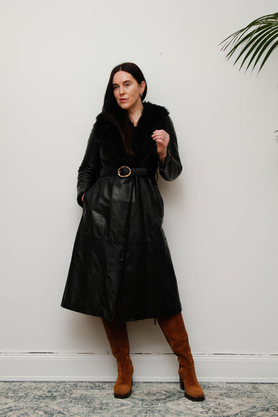 1970's Black Leather Trench Coat with Fur Collar