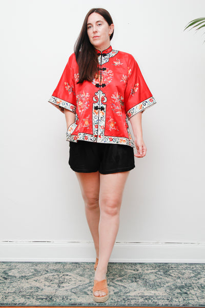 1930's Rare Antique Oriental Silk Kimono Robe Jacket | Hand-Embroidered Red Silk with Floral Scenic Design – Boho Kaftan Sleeves