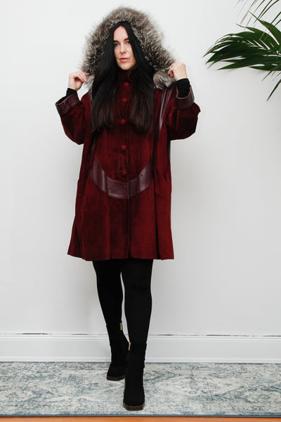 Vintage 80's Fox Fur  Hooded Suede Parka Coat