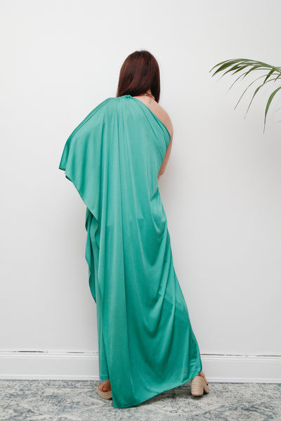 Original 1970s One-Shoulder Grecian Maxi Dress – Flowing Green Elegance