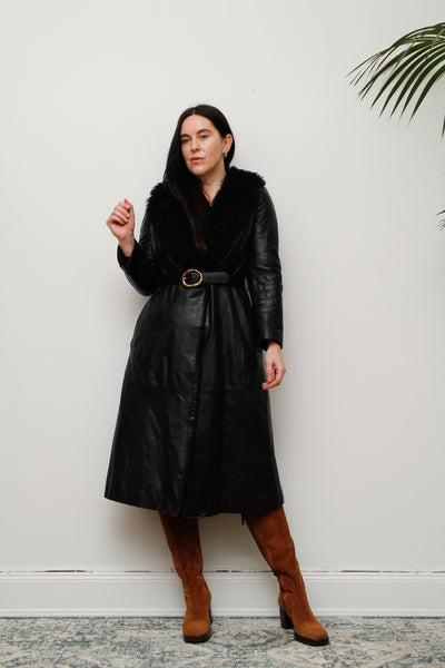 1970's Black Leather Trench Coat with Fur Collar