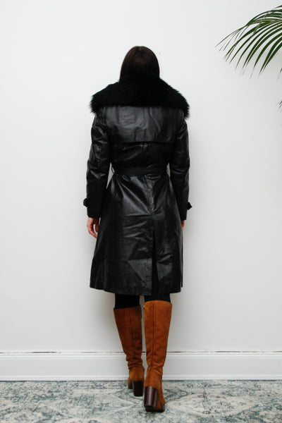 1970's Afghan Penny Lane Fur Collar Black Leather Coat