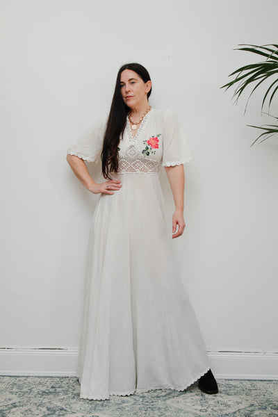 Vintage Cream Cotton Floral Cheesecloth Maxi Kaftan Dress