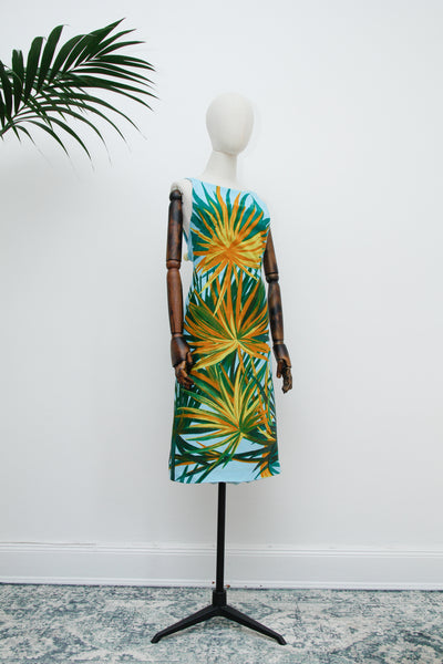 Vintage Turquoise Palm Leaf Cotton Shift Dress