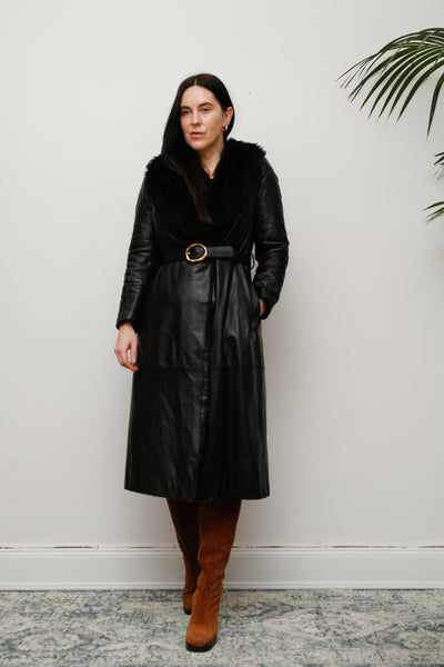 1970's Black Leather Trench Coat with Fur Collar