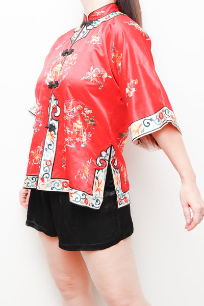 1930's Rare Antique Oriental Silk Kimono Robe Jacket | Hand-Embroidered Red Silk with Floral Scenic Design – Boho Kaftan Sleeves