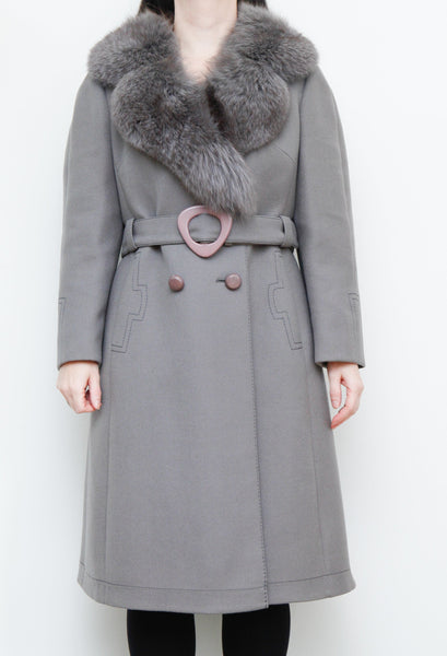 Vintage Wool Grey Trench Coat with Fox Fur Collar Princess Coat