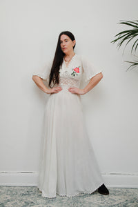 Vintage Cream Cotton Floral Cheesecloth Maxi Kaftan Dress