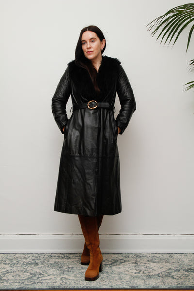 1970's Black Leather Trench Coat with Fur Collar