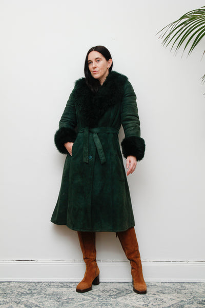 1970's Green Suede Penny Lane Sheepskin Trench Coat