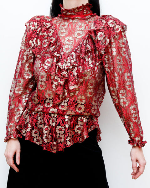 Vintage Red and Gold Floral Lace Frilly Victorian Blouse