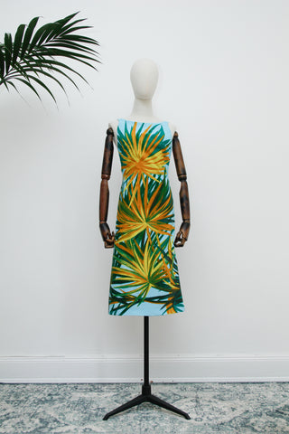 Vintage Turquoise Palm Leaf Cotton Shift Dress