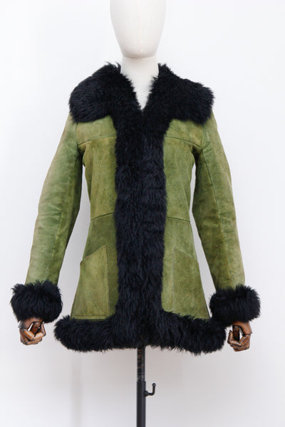 1970's Green Suede Black Penny Lane Sheepskin Coat