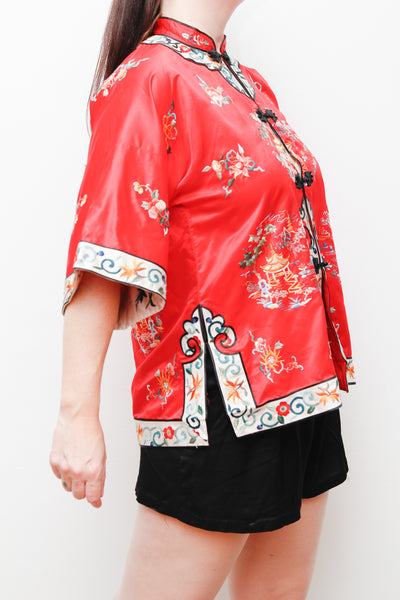 1930's Rare Antique Oriental Silk Kimono Robe Jacket | Hand-Embroidered Red Silk with Floral Scenic Design – Boho Kaftan Sleeves