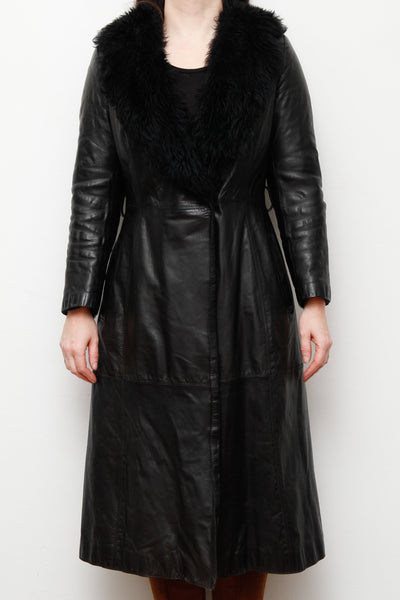 1970's Black Leather Trench Coat with Fur Collar