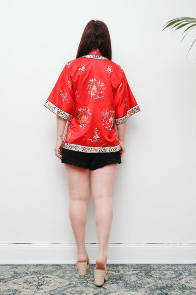 1930's Rare Antique Oriental Silk Kimono Robe Jacket | Hand-Embroidered Red Silk with Floral Scenic Design – Boho Kaftan Sleeves