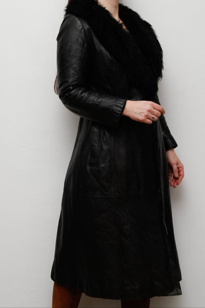 1970's Black Leather Trench Coat with Fur Collar