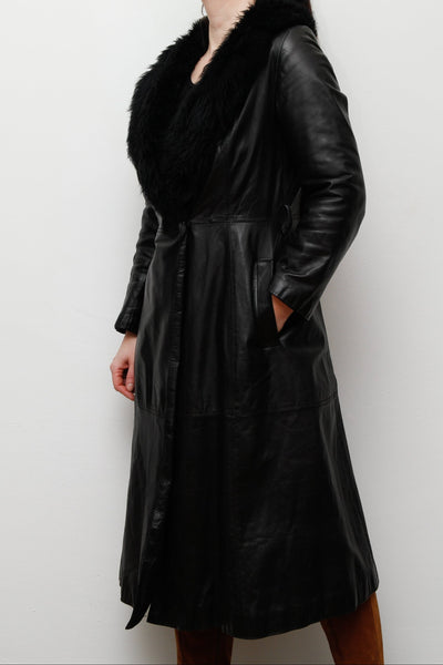 1970's Black Leather Trench Coat with Fur Collar