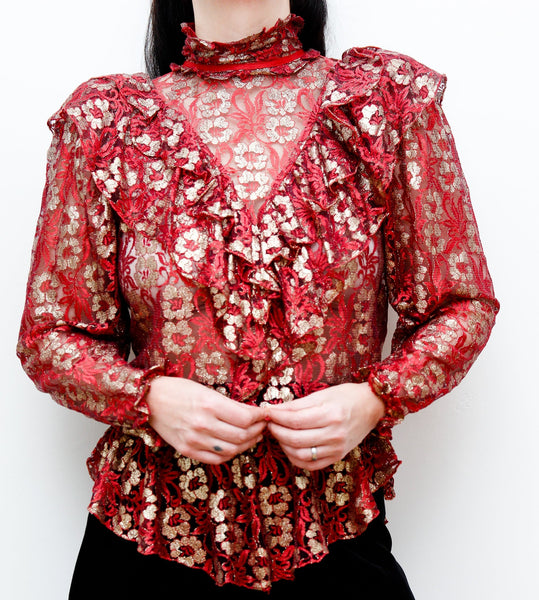 Vintage Red and Gold Floral Lace Frilly Victorian Blouse