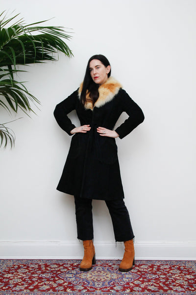 1970's Vintage Black Suede Fox Fur Trench Coat
