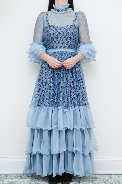 Vintage Floral Lace Blue Frilly Victorian Maxi Dress
