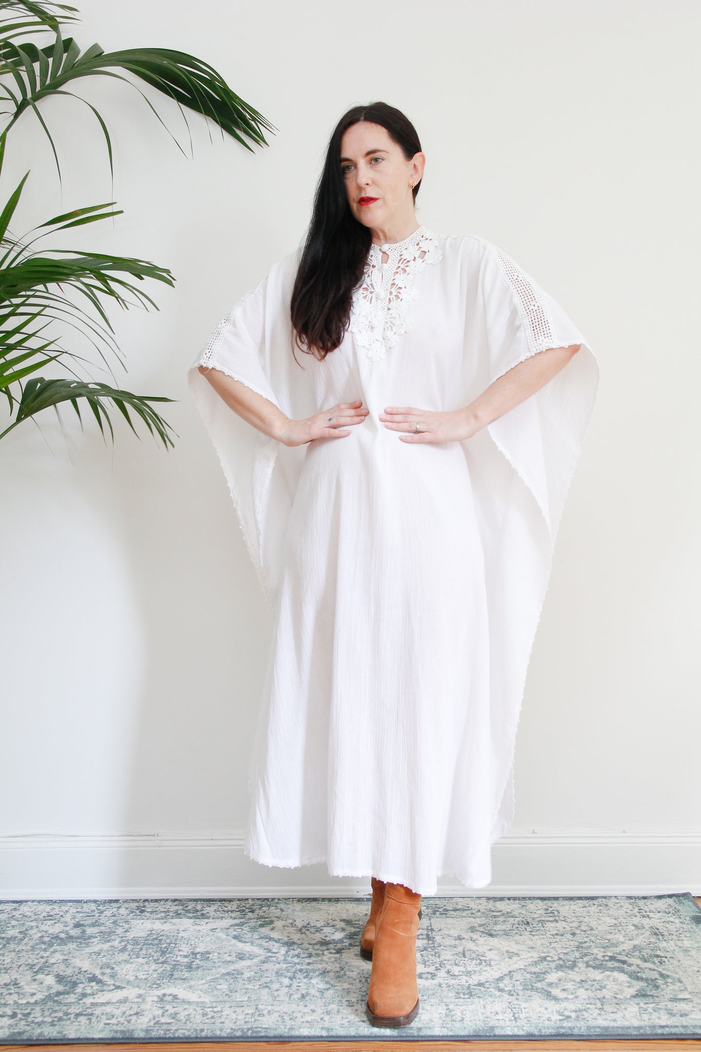 1970's White Cheesecloth Cotton Lace Mexican Kaftan Dress