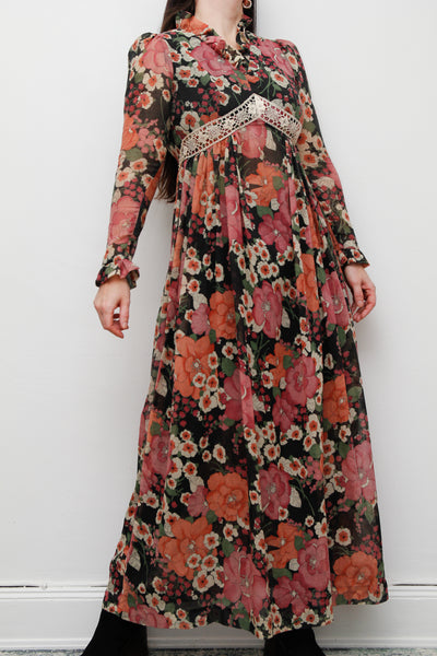 Vintage Floral Cotton Sheer Frilled Maxi Dress